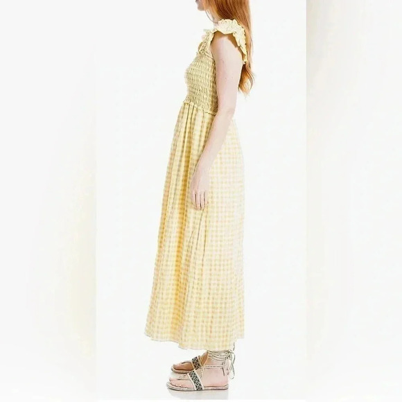 Max Studio Flutter Sleeve Smocked Gingham Yellow Maxi Dress Size XS - Picture 2 of 12
